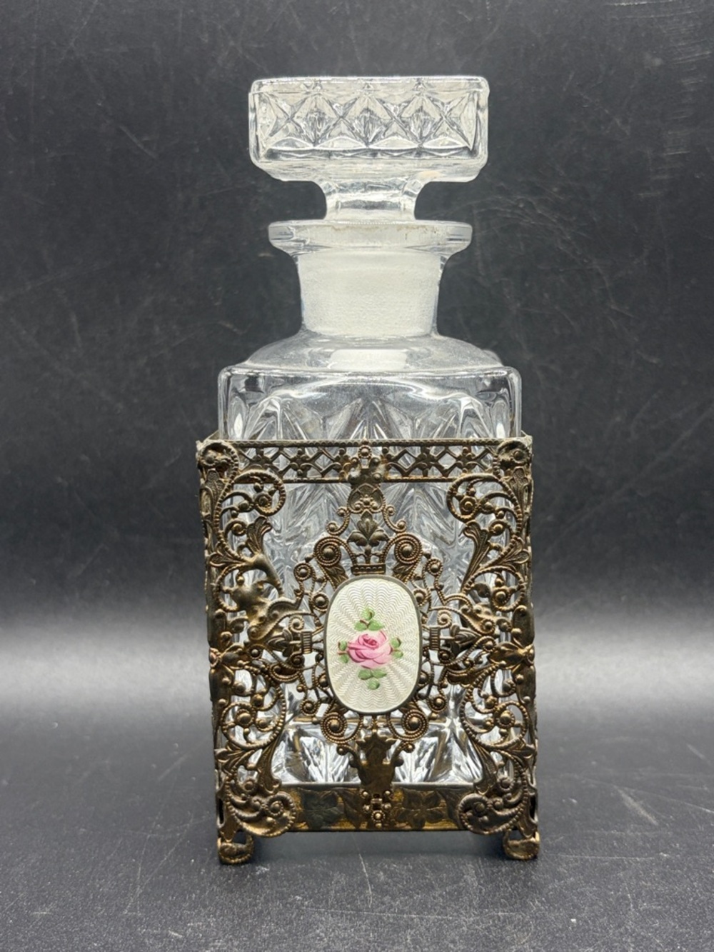 Vintage Glass Gilt Metal Cage Floral Guilloche Enamel Perfume Decanter Bottle